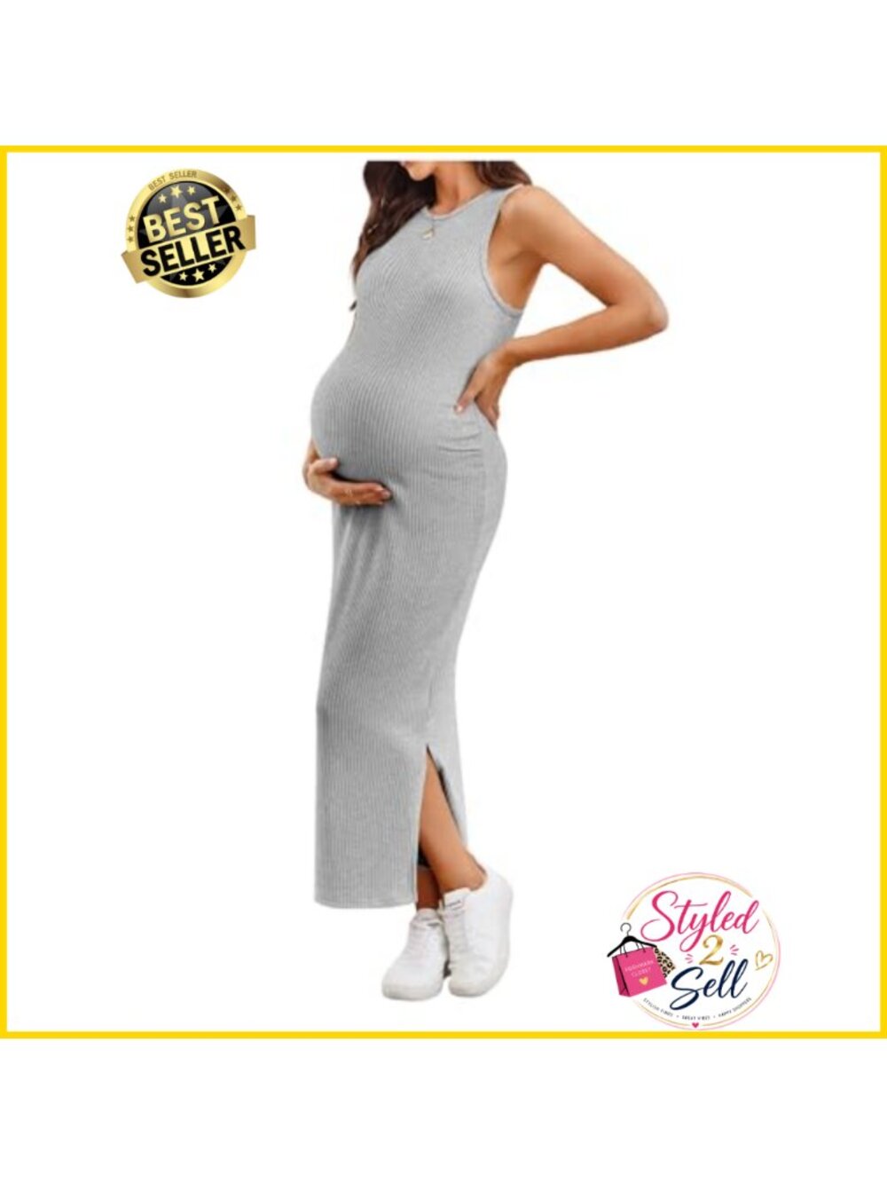 Maternity Sleeveless Bodycon Maxi Dress Rib Knit Slim Fit Baby Shower